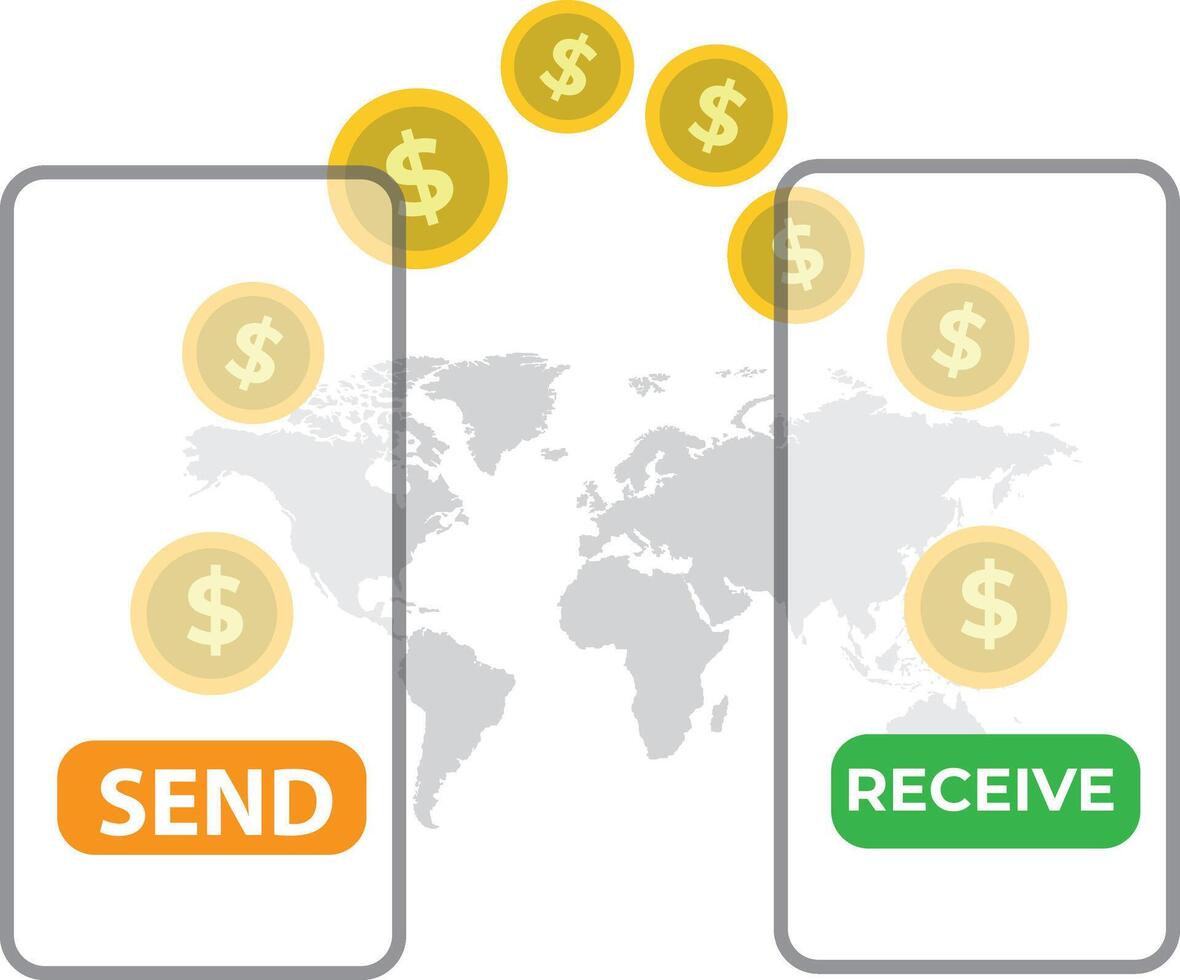 teléfono inteligente con monedas transferir dinero a teléfono inteligente en línea pago concepto. móvil billetera. devolución de dinero y bancario servicios. vector