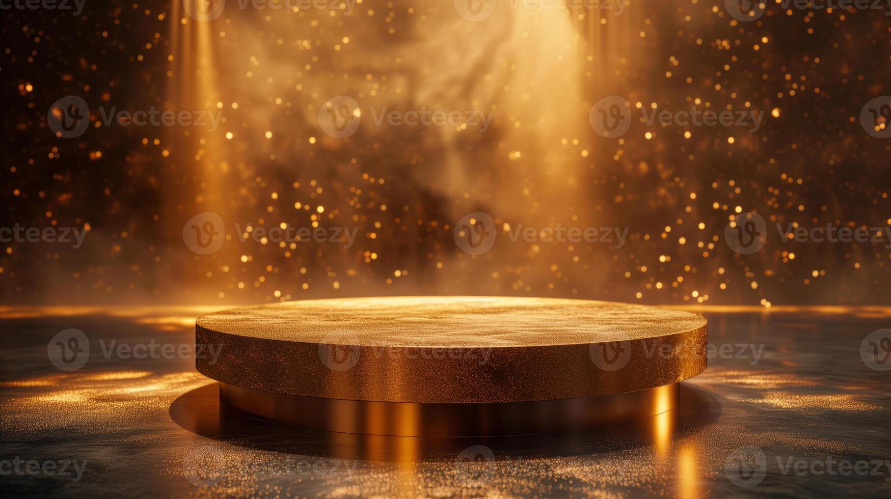 AI generated Empty gold podium on the golden sand floor with golden glitter background photo