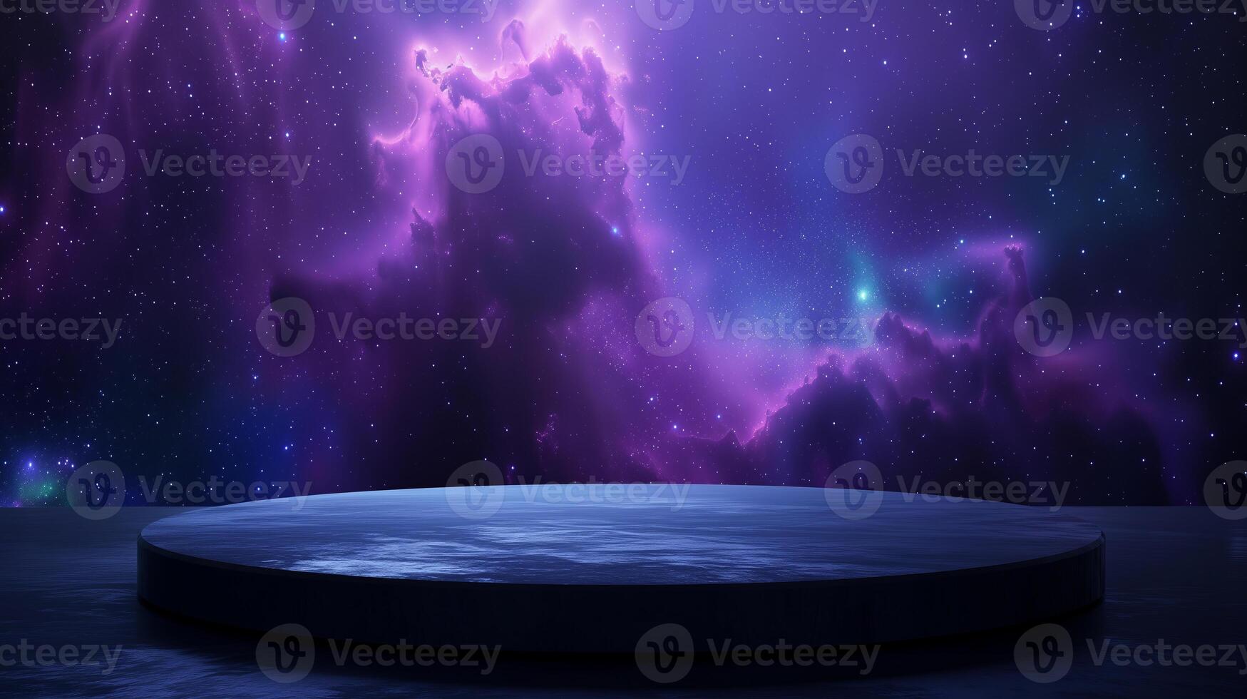 AI generated An empty black podium against the backdrop of blue purple outer space. for product display, Blank showcase, mock up template or cosmetic presentation photo