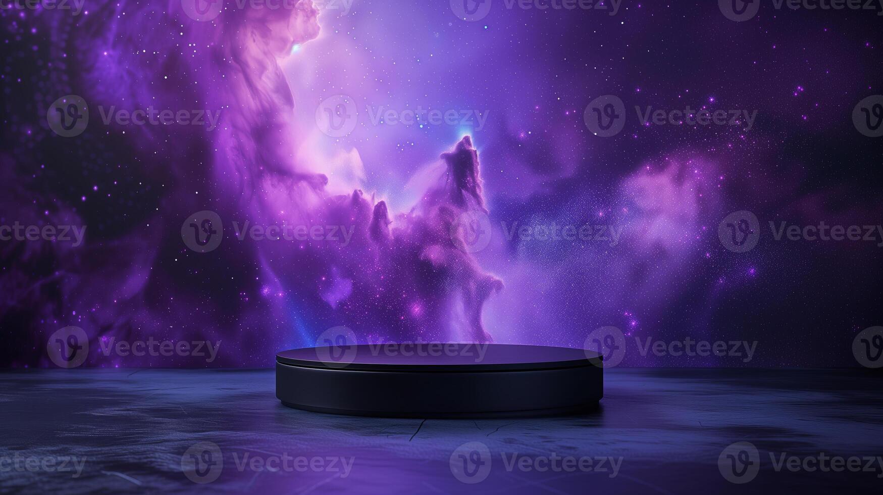 AI generated An empty black podium against the backdrop of blue purple outer space. for product display, Blank showcase, mock up template or cosmetic presentation photo