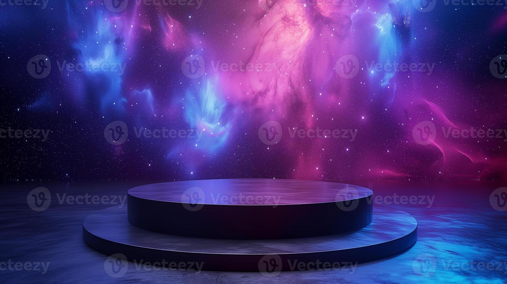 AI generated An empty black podium against the backdrop of blue purple outer space. for product display, Blank showcase, mock up template or cosmetic presentation photo