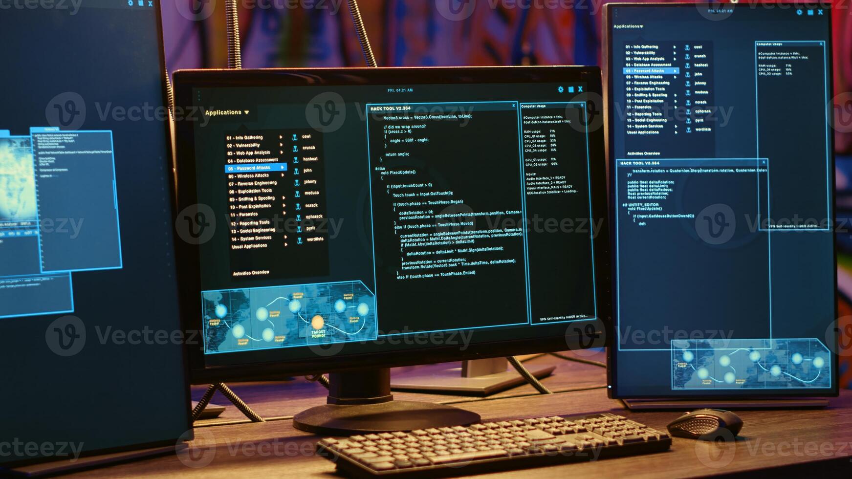 Close up shot on computer screens with hacking lines of code in secret underground bunker. PC monitors in neon lit abandoned warehouse used by hackers to escape from being arrested by police photo