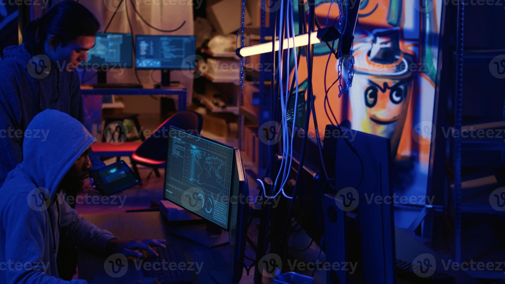 Spies in secret hideout trying to steal valuable data by hacking governmental websites but getting their attacks rejected by strong security. Espionage experts unable to gain access to sensitive info photo