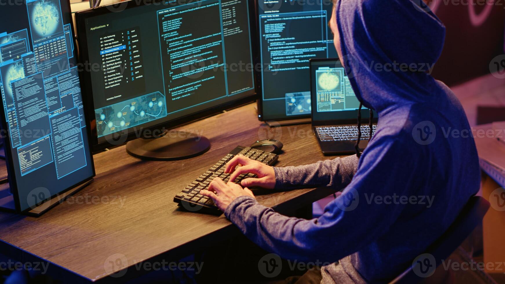 Hackers brainstorming methods of breaching defenses and exploiting weaknesses in computer systems. Evil developers in basement getting past companies security networks photo