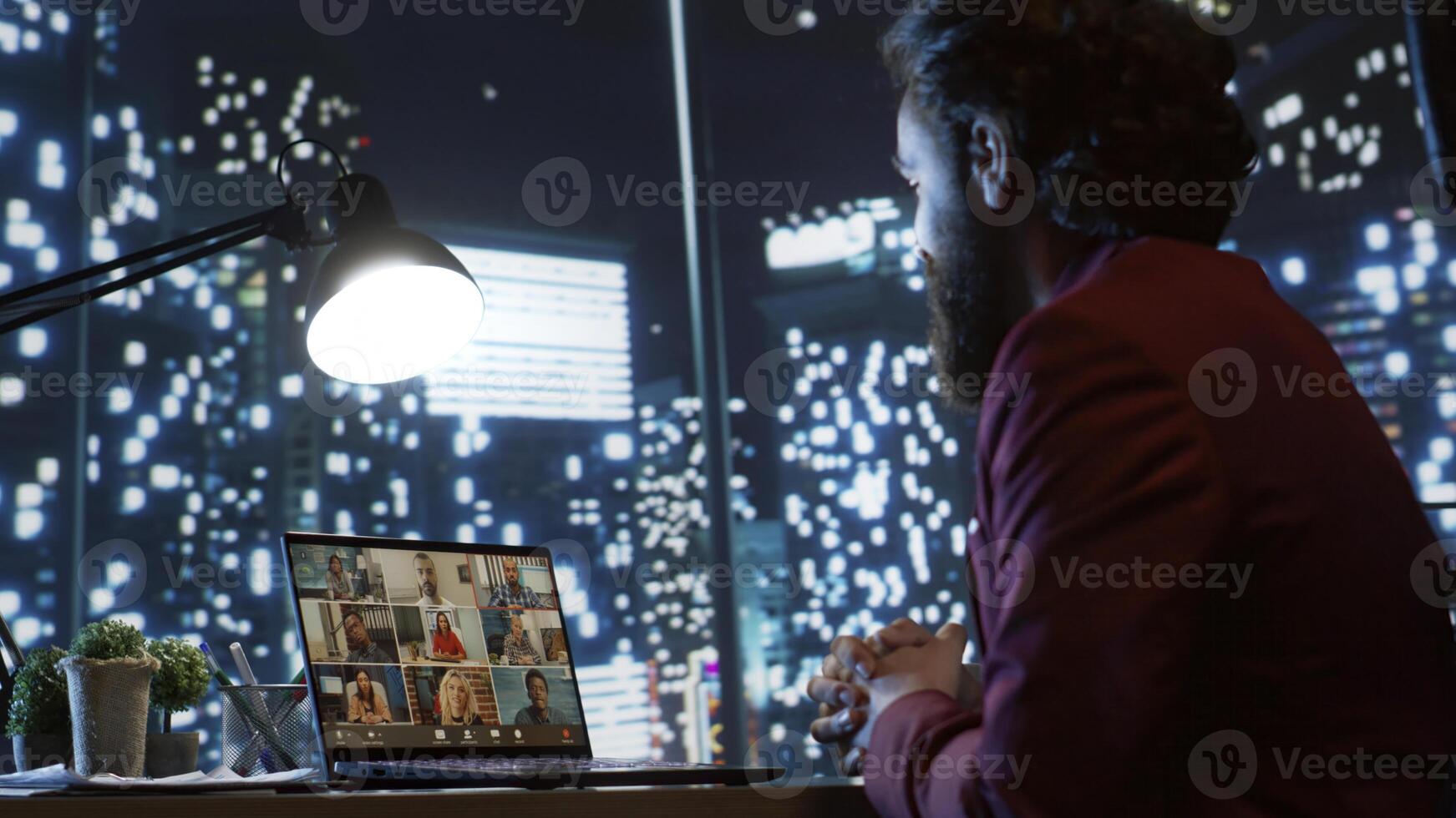 Shareholders and CEO meet on videocall to talk about company budget and finances, briefing meeting in different time zones. Executive director and partners or investors share impressions online. photo