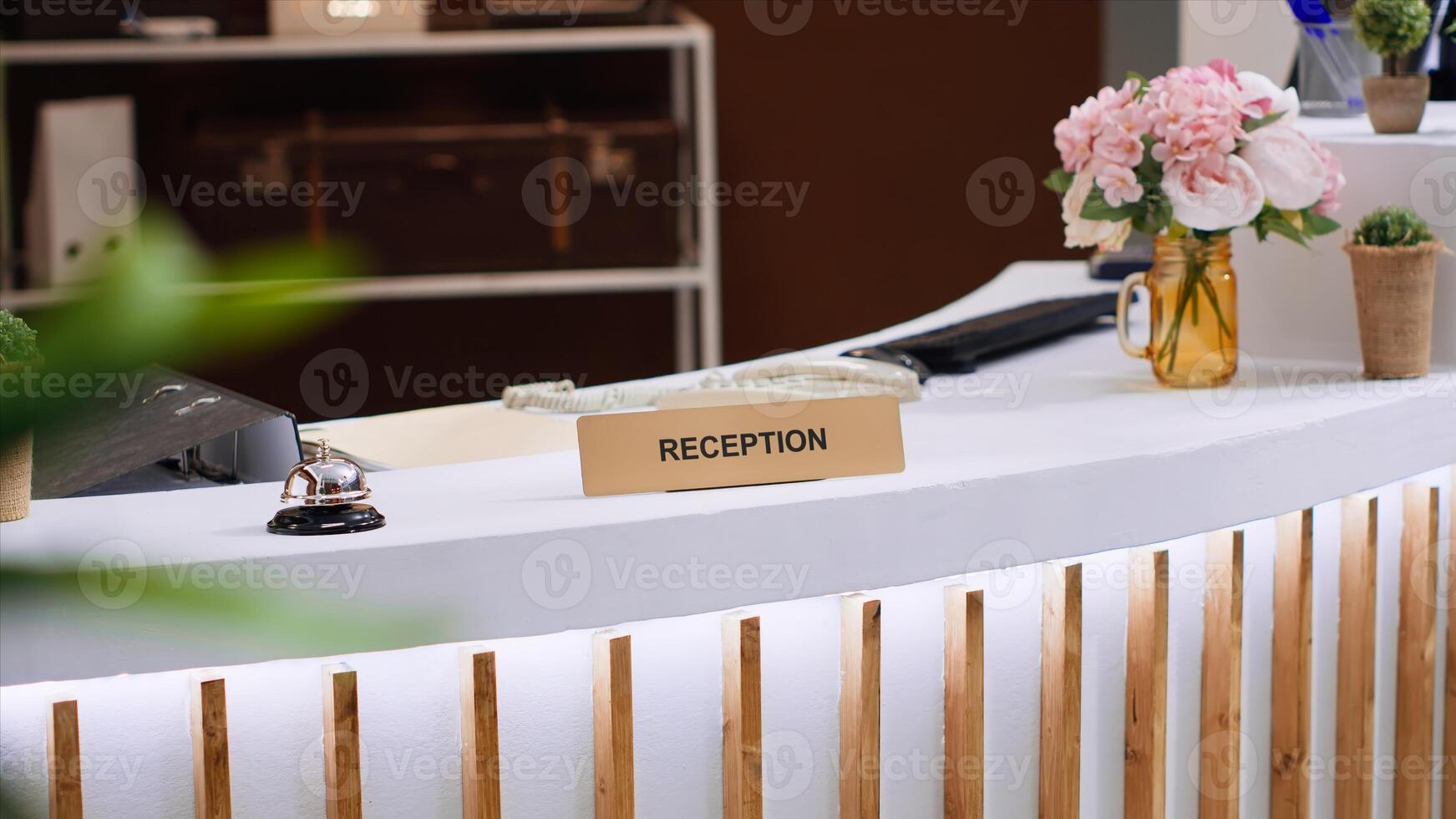 Luxurious hotel front desk and lounge area filled with modern expensive furniture and decorations to create cozy welcoming environment for resort guests. Elegant comfortable travel retreat. photo