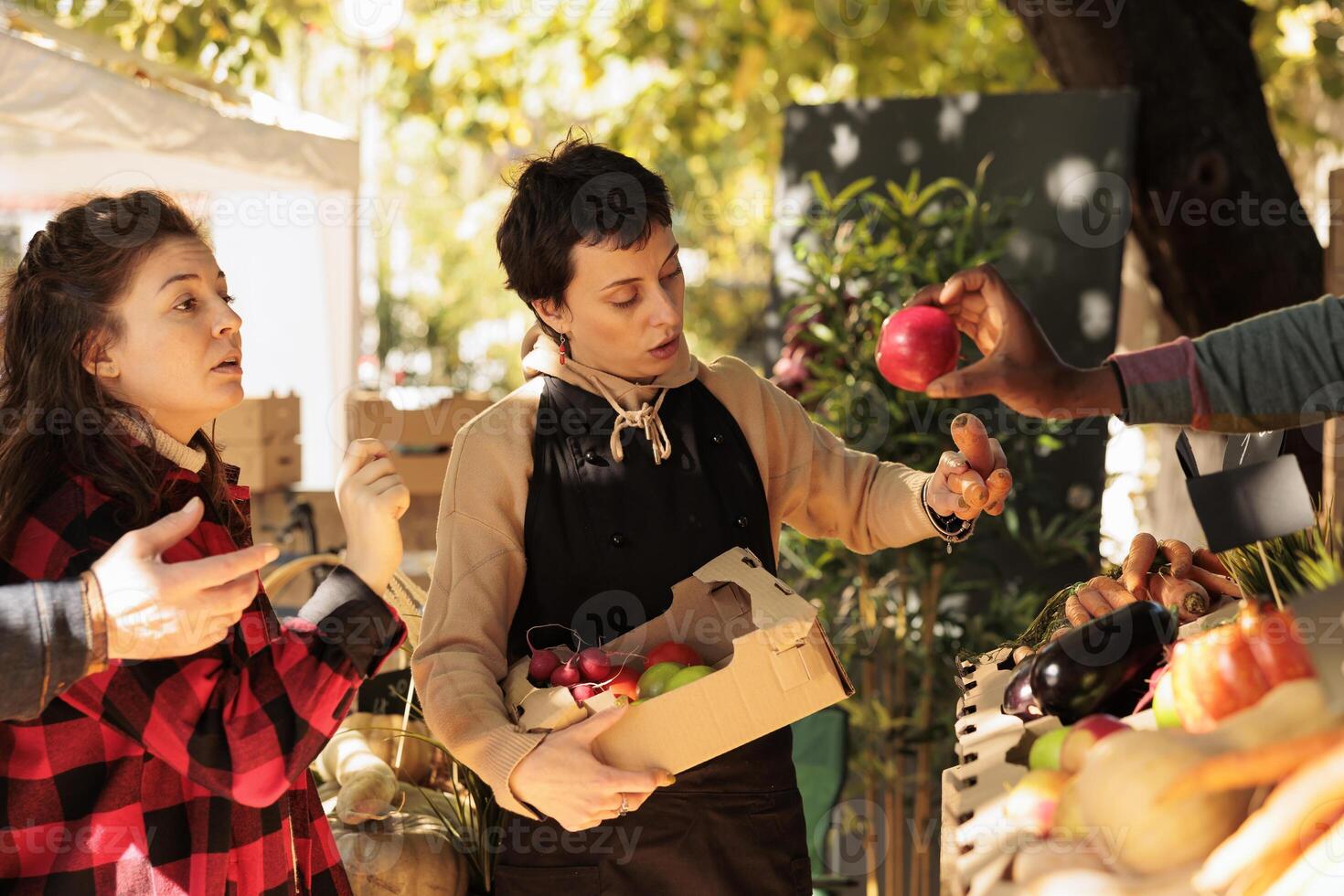Female farmer helping customer to choose fruits and vegetables while selling fresh organic home-grown produce at local farmers market. Woman talking with vendor while buying local seasonal food photo