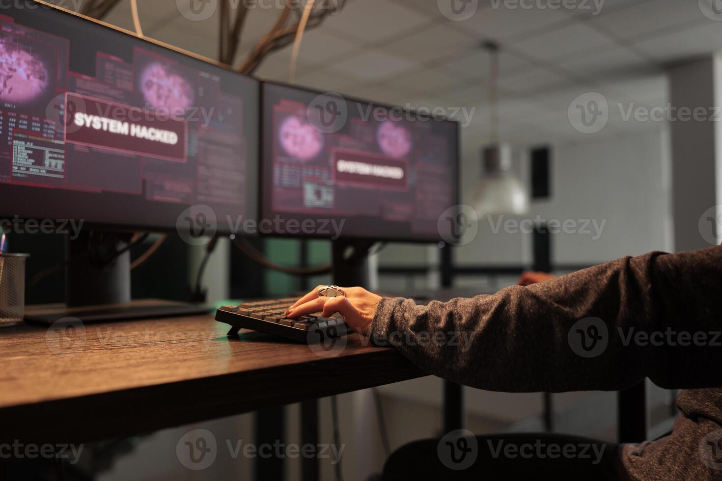 Woman hacker coding virus program, typing on keyboard. Cyberattack, online criminal programming malicious software and malware, hacking computer system, writing encryption. Close up. photo