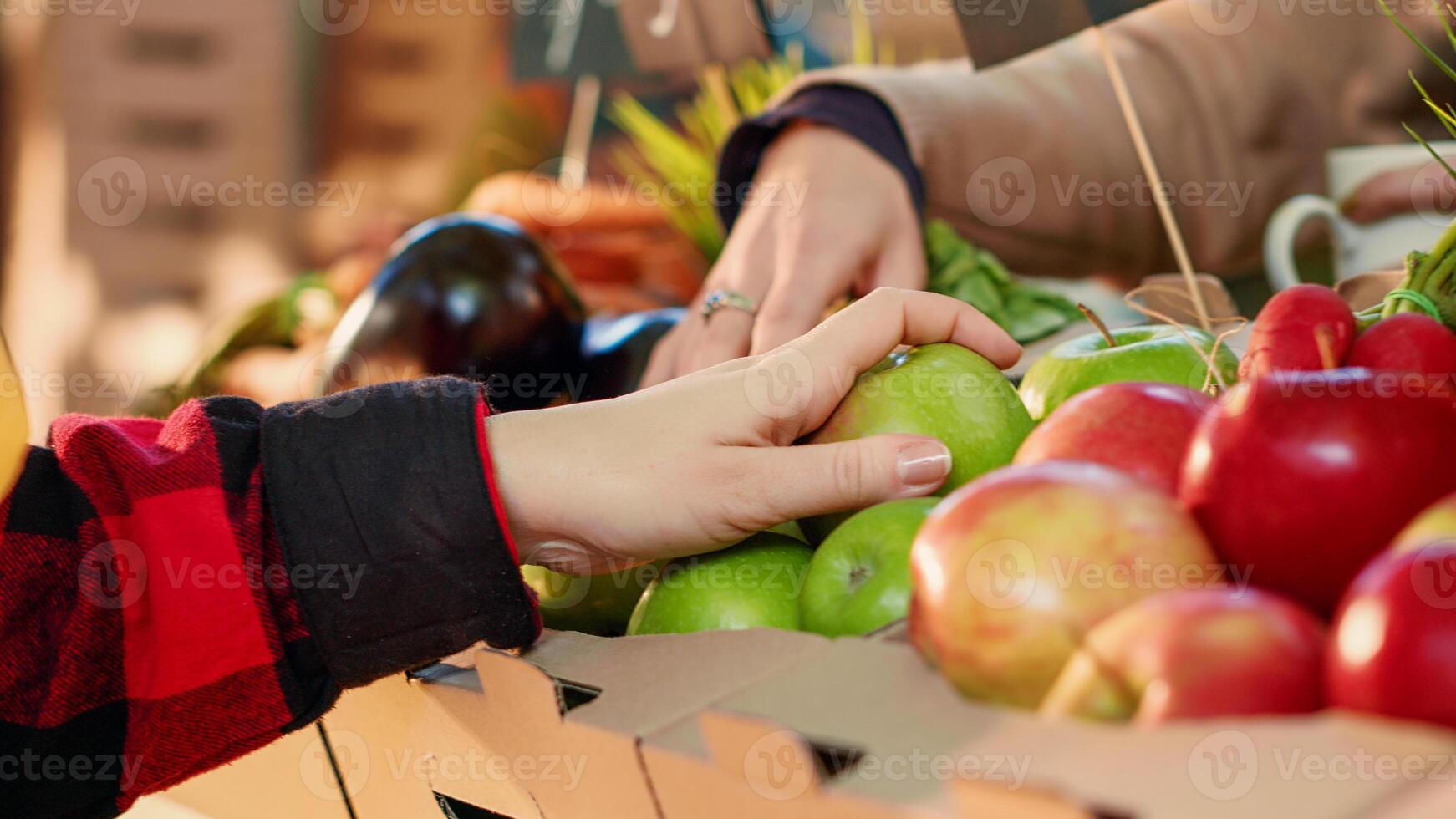 joven mujer mirando a vistoso frutas y verduras en agricultores mercado encimera, comprando sano crecido productos desde agricultor. vendedor y cliente hablando acerca de local producir. Mano disparo. cerca arriba. foto