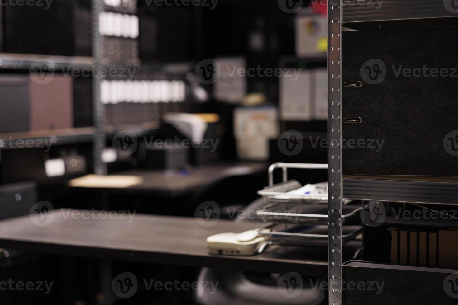Selective focus of metallic storage full with confidential federal documents. Empty arhive room in police statiom contain criminal cases evidence stored during investigation photo