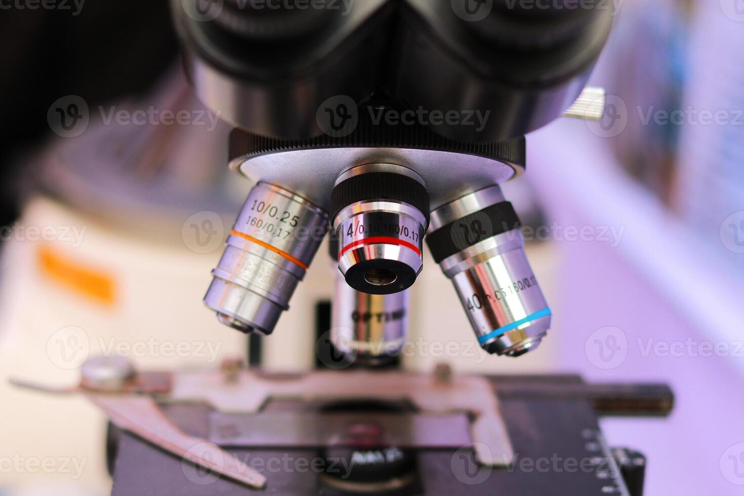 Close-up of the microscope in the laboratory. Microscope for scientific research. photo