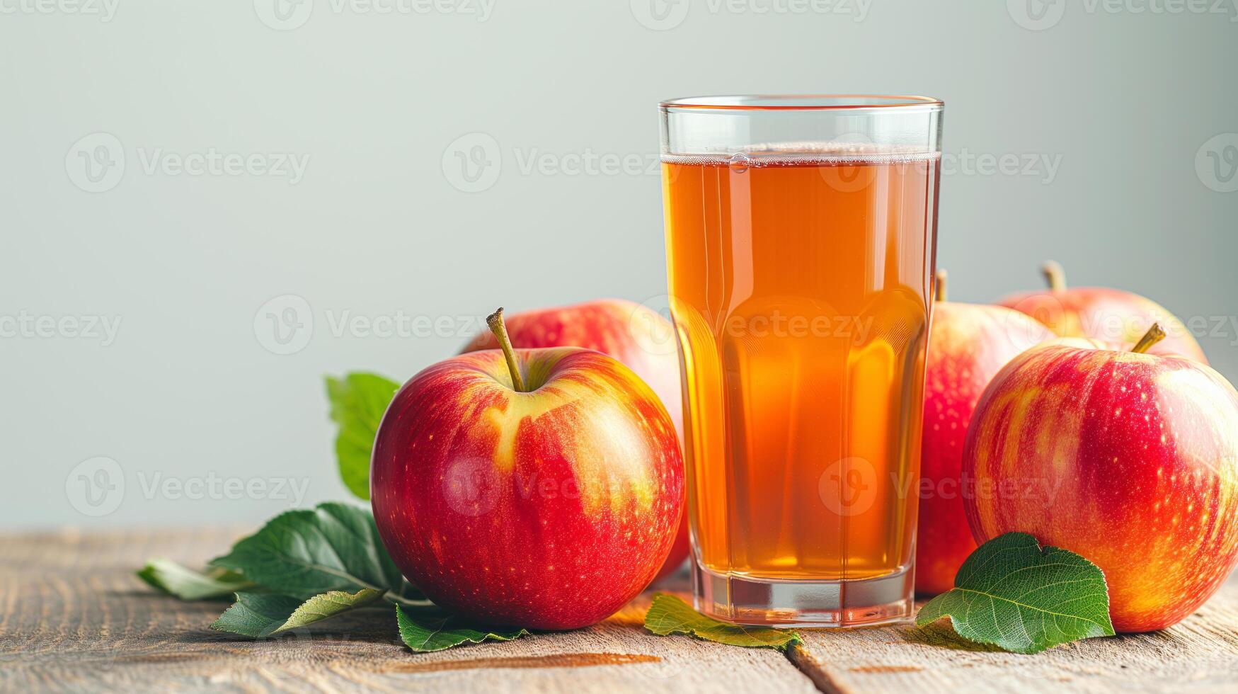 AI generated glass of fresh apple juice with apple fruits on wooden table isolated on withe background. photo