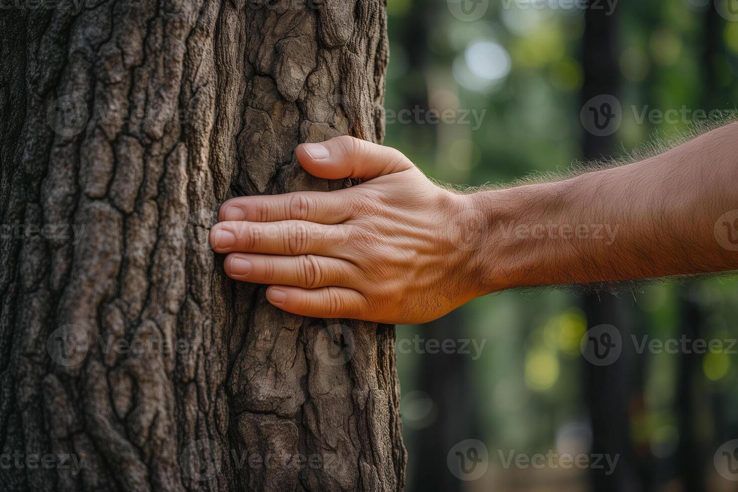 AI generated Close up of a man's hand gently touching the trunk of a tree. Earth Day and environmental care. ecosystem and healthy environment concept photo
