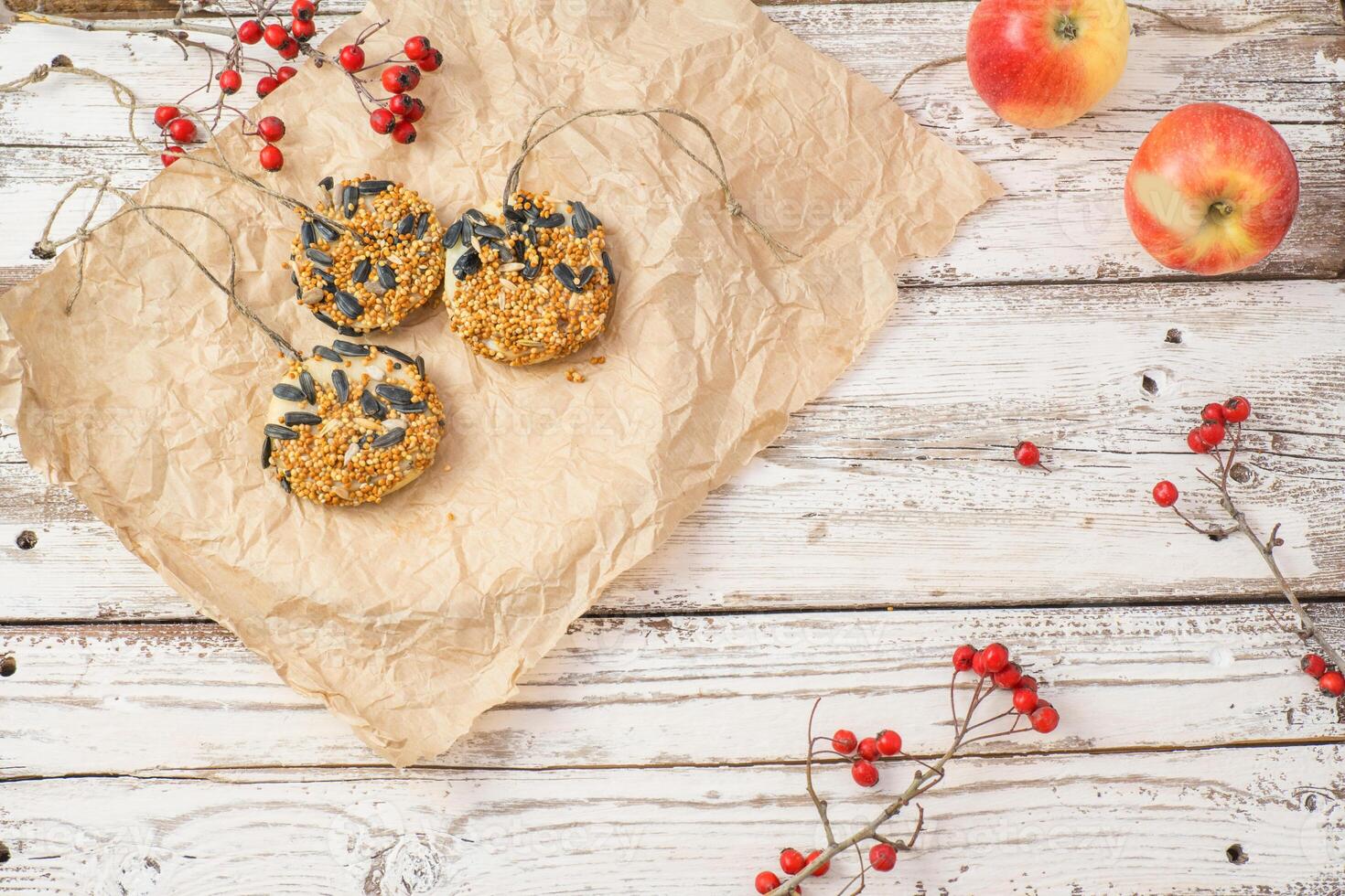 Treats for wild birds. Homemade donuts from apple seeds and lard on a white wooden background. View from above. Copy space photo