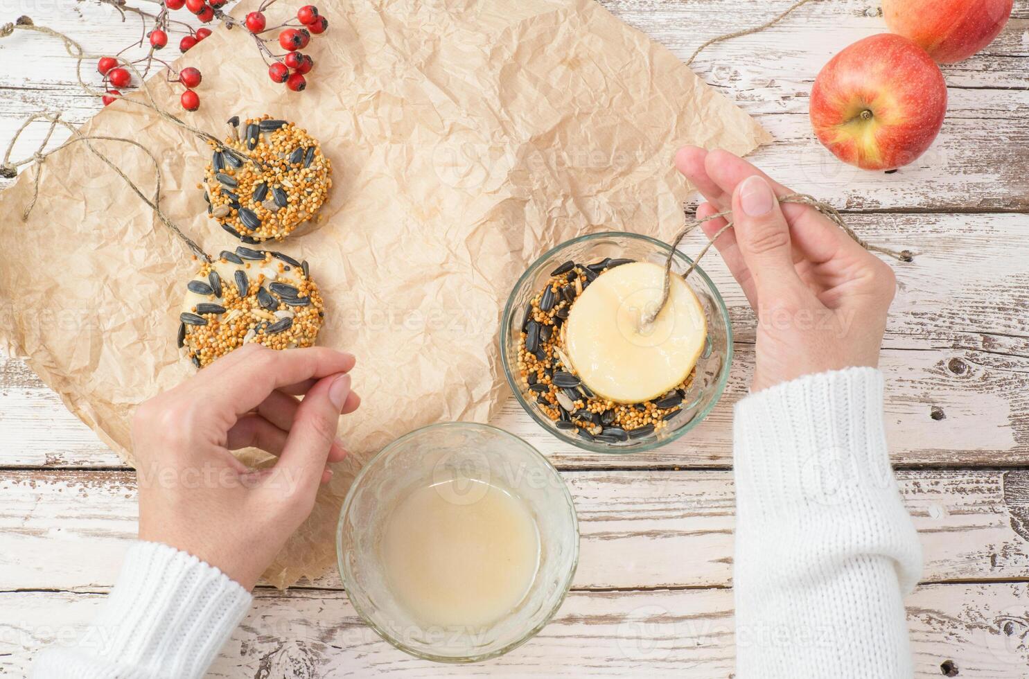 The woman's hands make food for wild birds from apple, bacon and seeds. Winter bird feeder on a white wooden background. View from above. photo