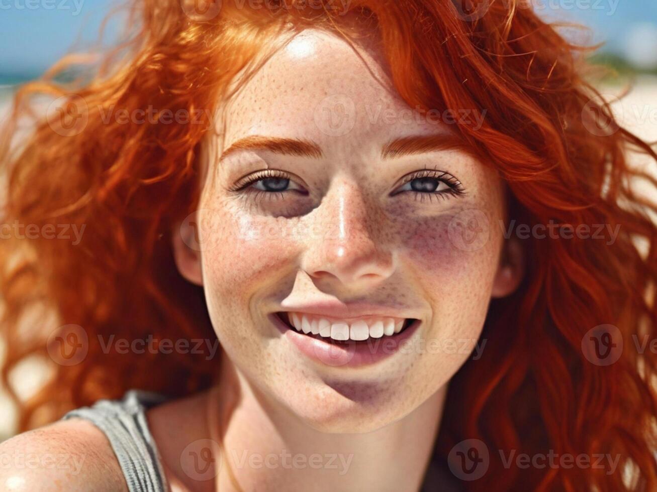 AI generated Portrait of a beautiful young redhead woman on the beach and looking at the camera. Close-up of the face of an attractive smiling girl with freckles and red hair. photo