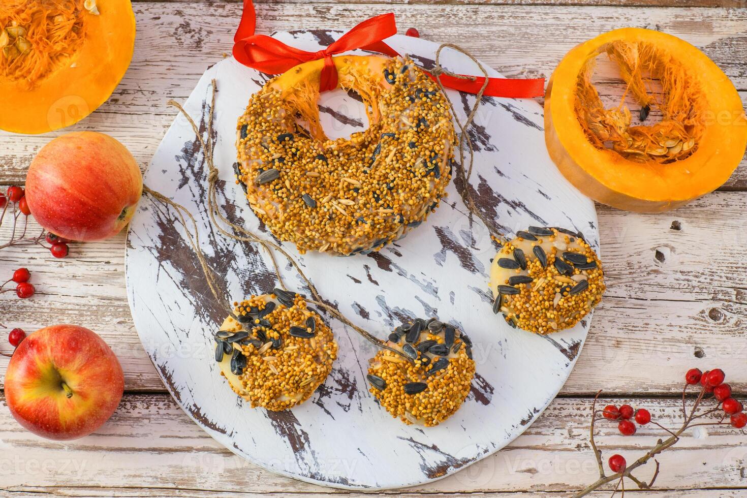 Treats for wild birds in winter. Homemade pumpkin feed, bacon, millet, seed on a white wooden background. View from above. photo