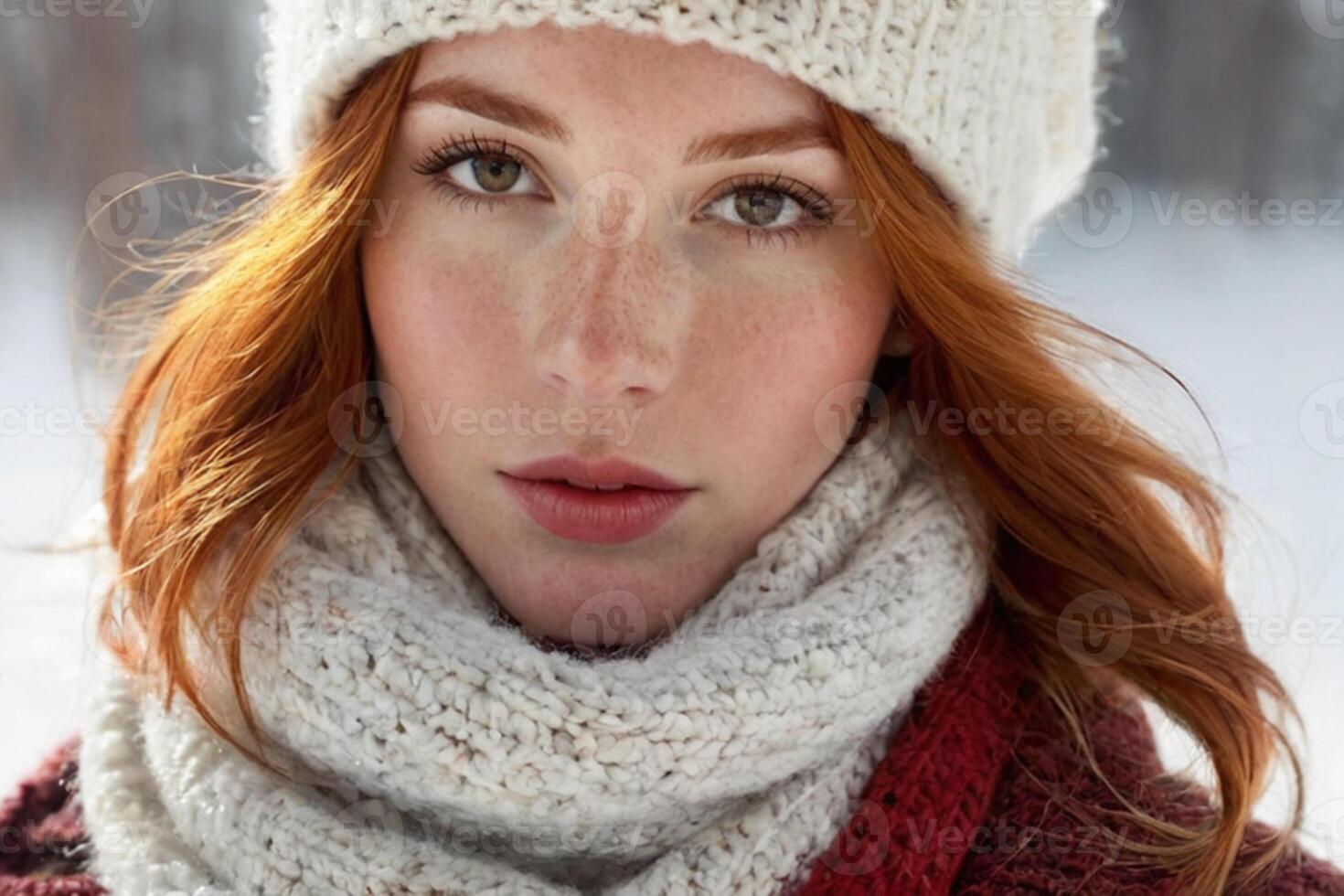 AI generated Winter portrait of a young red-haired girl in a knitted hat and scarf covered with snow. Face with freckles close-up. Snowy winter beauty concept photo