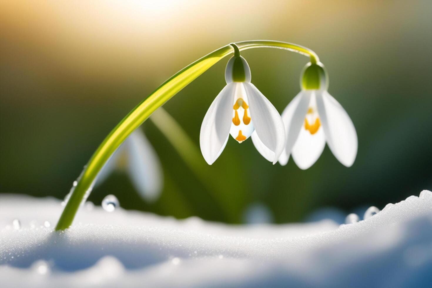 AI generated Spring snowdrop flowers with water drops in spring forest photo