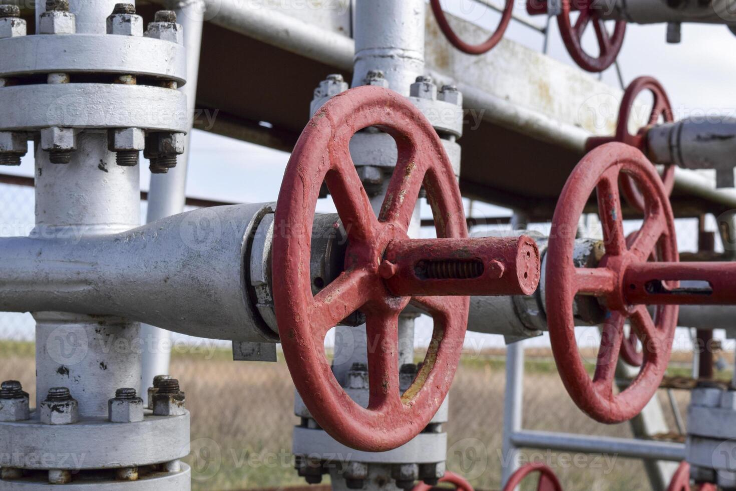 Shut-off valves on the high-pressure well flowing equipment. Oil equipment photo