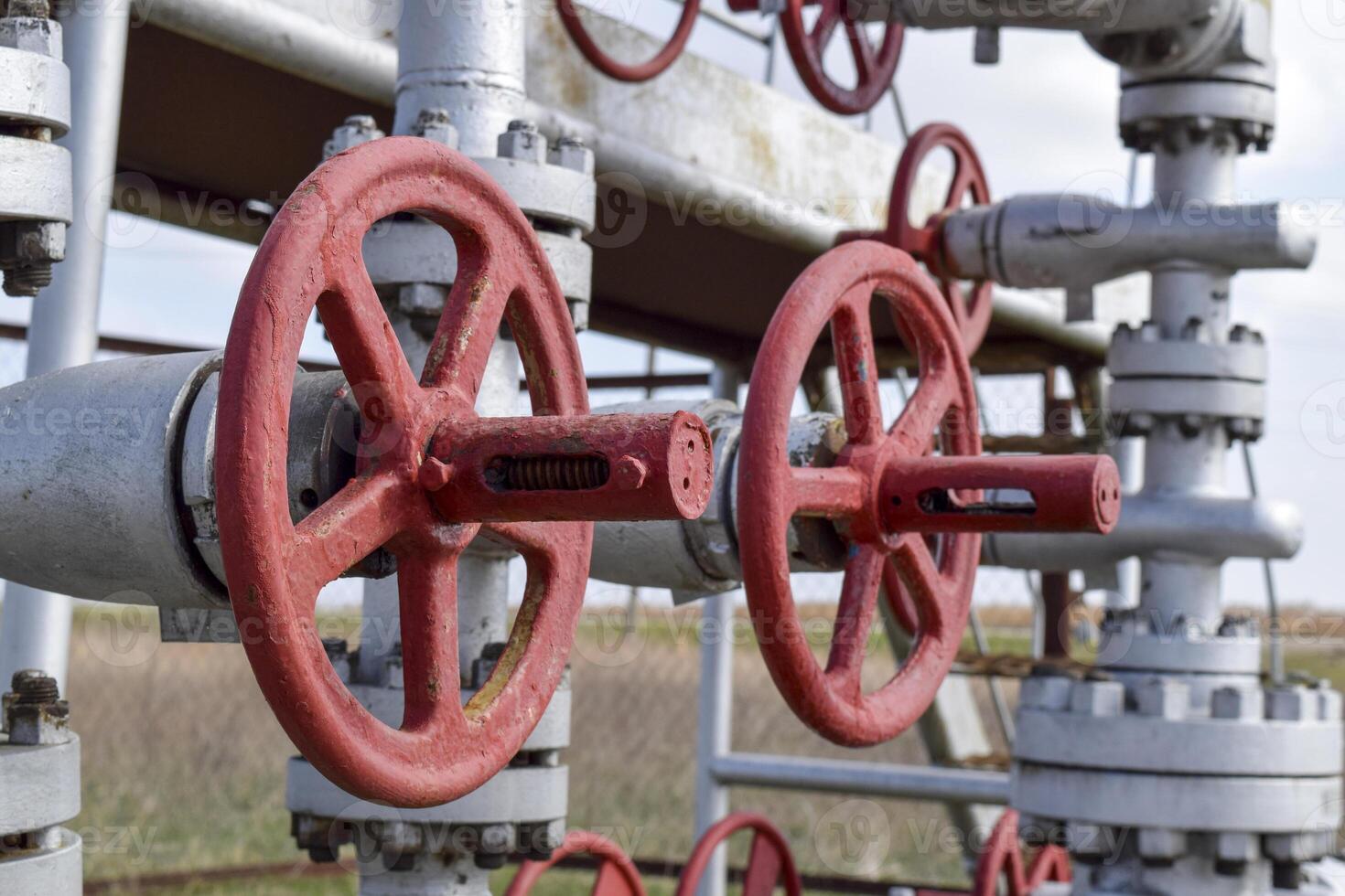 Shut-off valves on the high-pressure well flowing equipment. Oil equipment photo