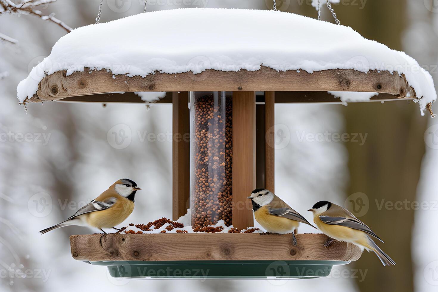 AI generated beautiful small garden birds great tit - Parus major feeding in a bird feeder in winter. Snowy winter day in the garden photo