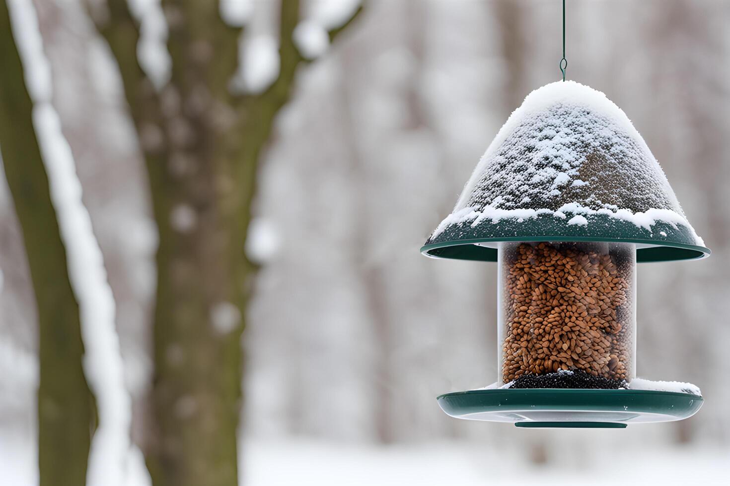 AI generated Bird feeder in the winter forest. Helping birds in winter. photo