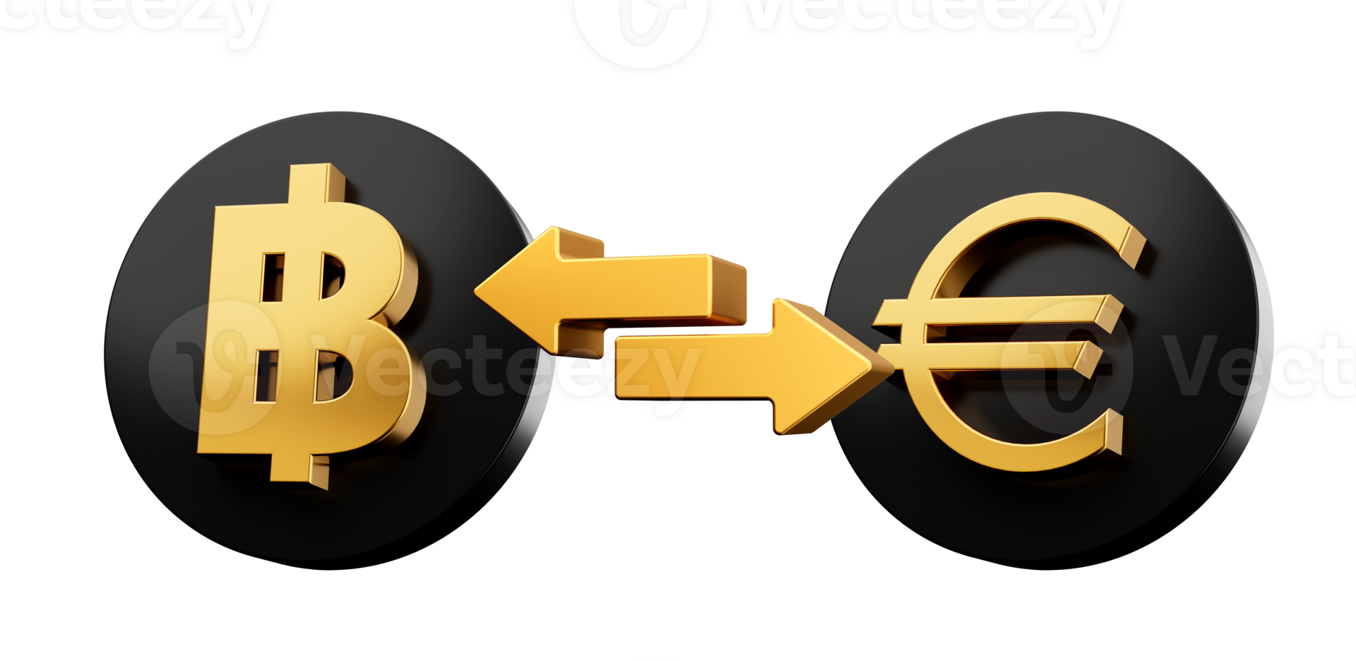 3d Golden Baht And Euro Symbol On Rounded Black Icons With Money Exchange Arrows, 3d illustration png