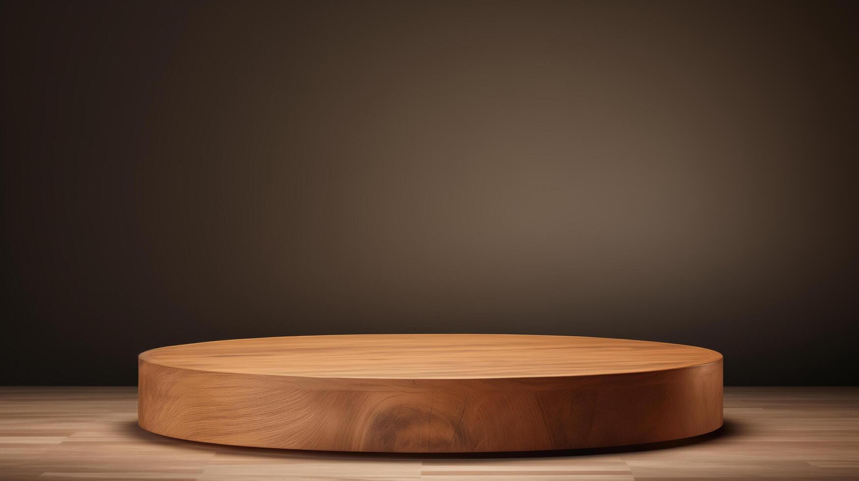 AI generated A light brown wooden product podium on soft brown  background. Represent minimal, old money and quiet luxury. Geometry exhibition stage mockup concept. photo