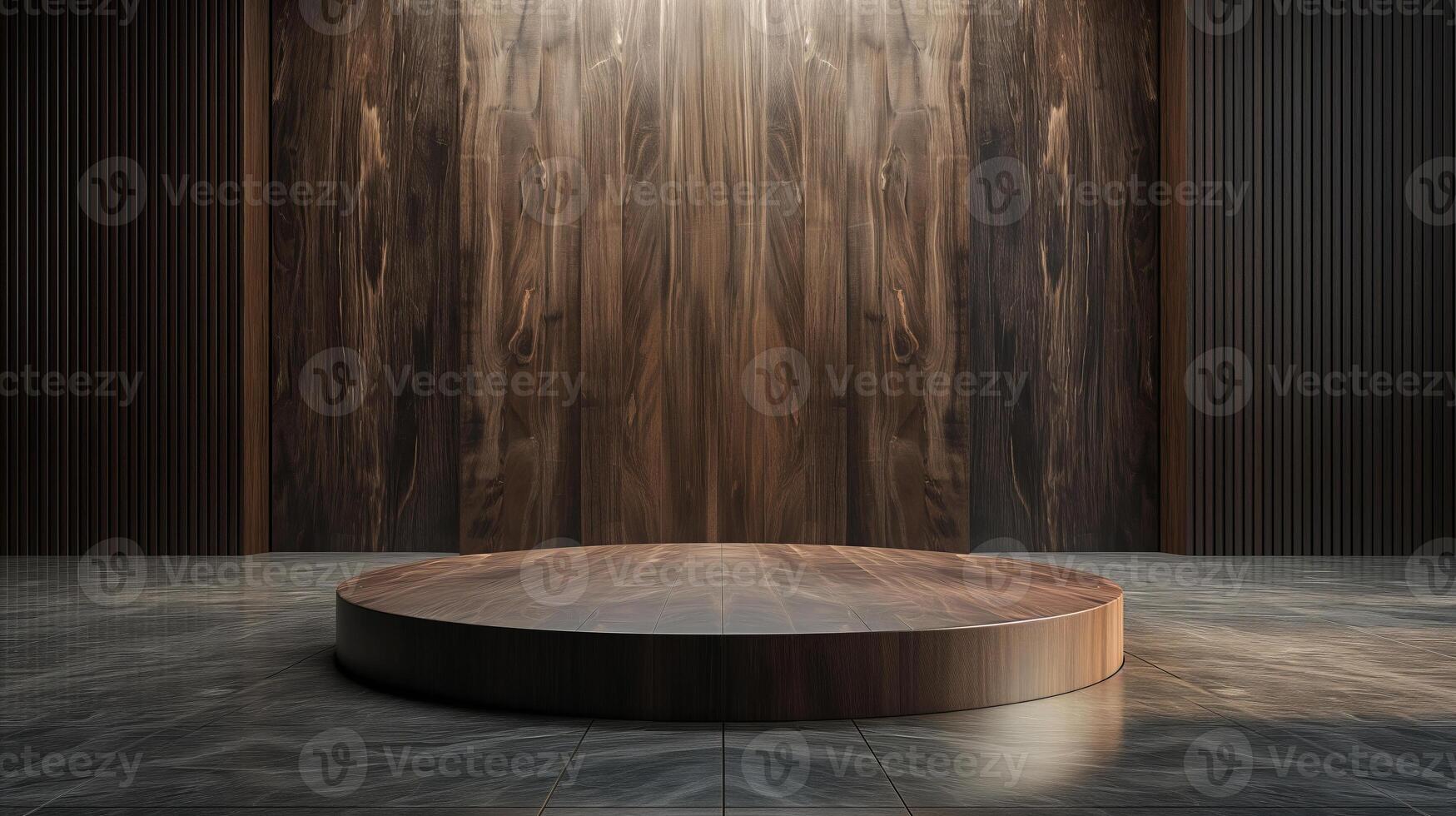 AI generated A dark brown wooden podium on quiet luxury room with marble floor background. Represent minimal, old money and quiet luxury. photo