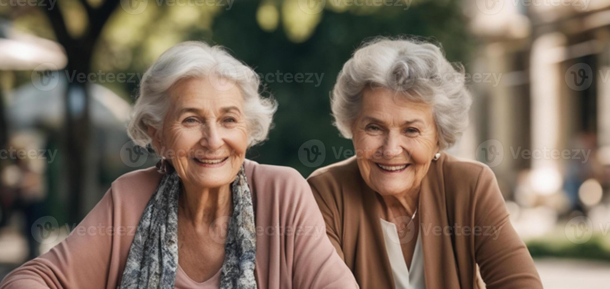 AI generated Portrait of two retired women sitting in the park, looking at the camera. Women are relaxing, chatting with each other. photo