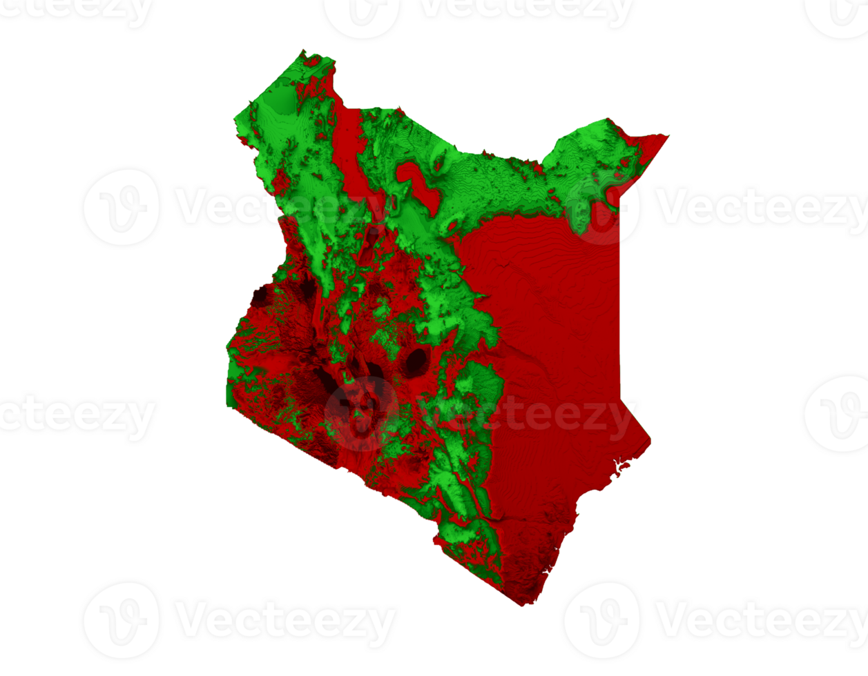 mapa de kenia con los colores de la bandera verde y rojo sombreado mapa en relieve ilustración 3d png