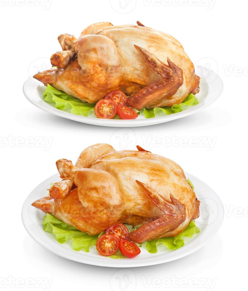 Roasted chicken isolated on white background photo