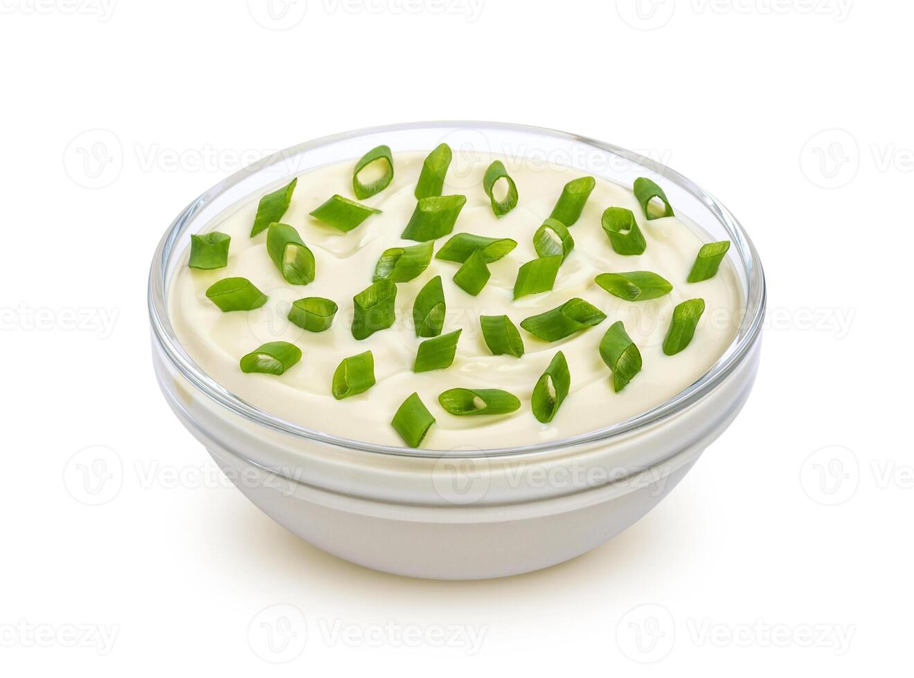 Sour cream and green onion isolated on white background photo