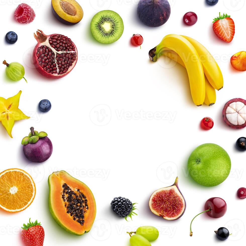 Frame made of different fruits and berries, flat lay, top view photo