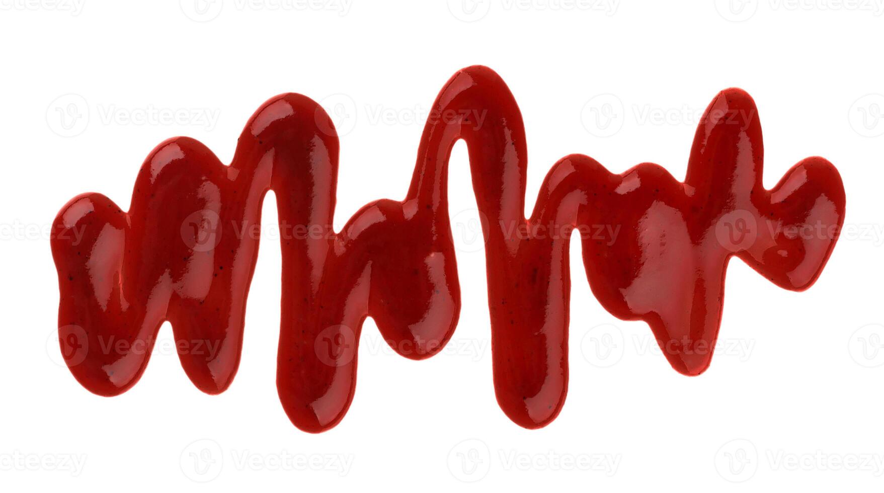 Ketchup. Splashes and spilled ketchup sauce isolated on white background. Top view photo