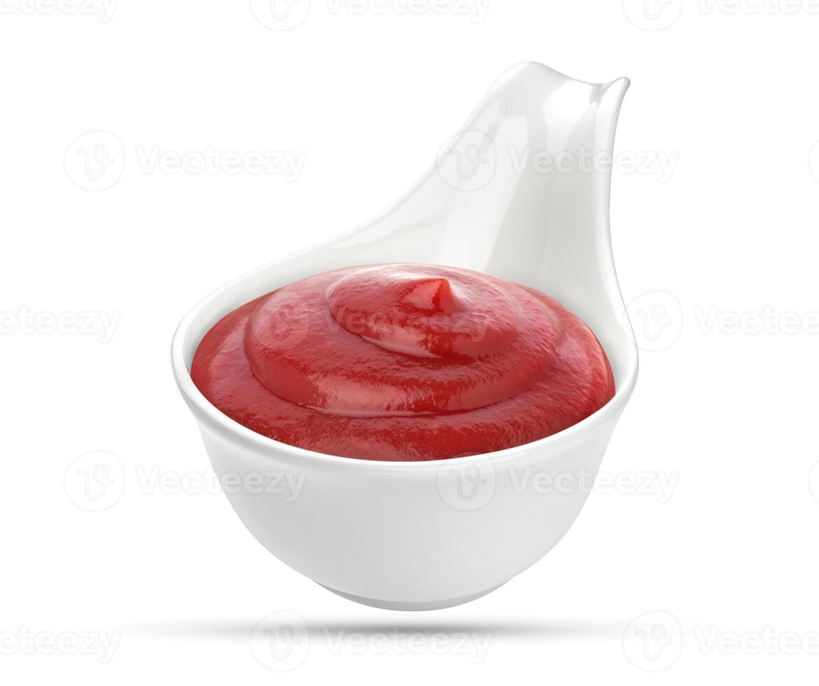 Ketchup in bowl isolated on white background. photo