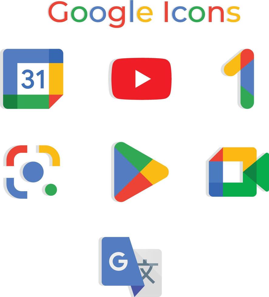 Google All Icons, Google Calendar, Google One Drive, Google Lens, Google Play Store, Google Meet, Vector Art