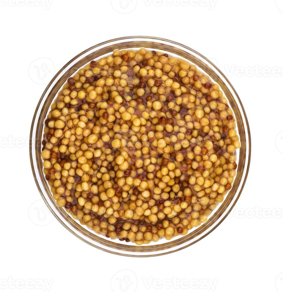 French mustard isolated on white background, top view photo