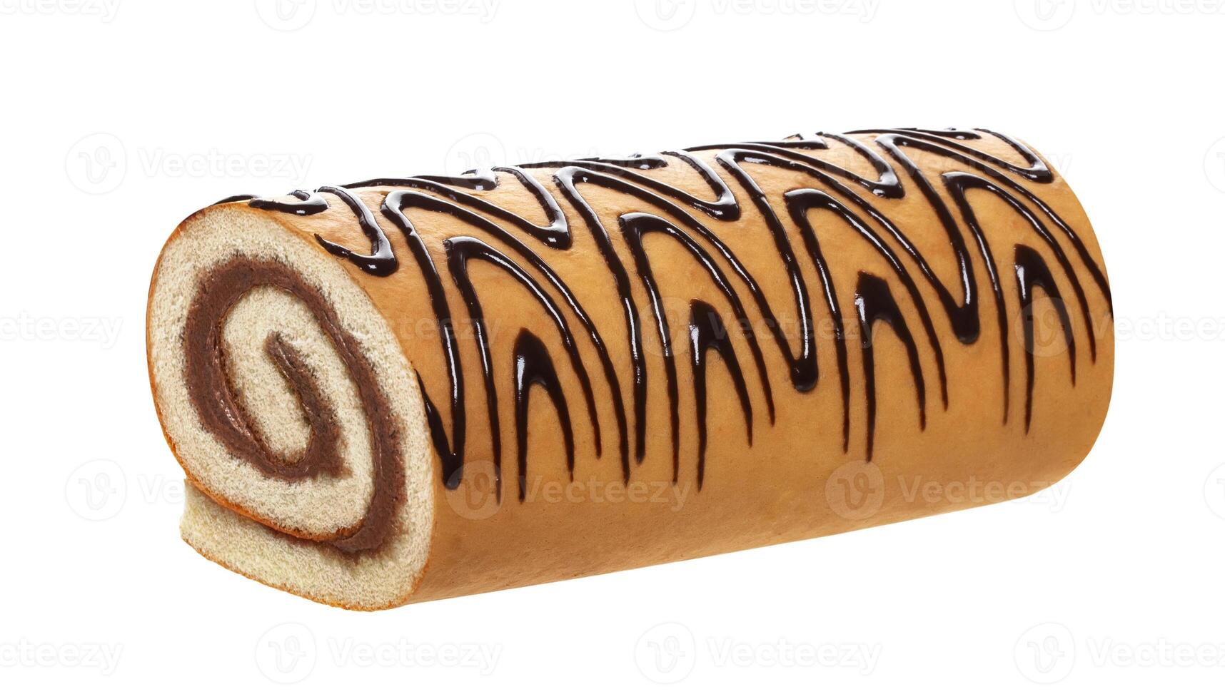 Sponge cake roll isolated on white background, swiss roll with chocolate cream photo