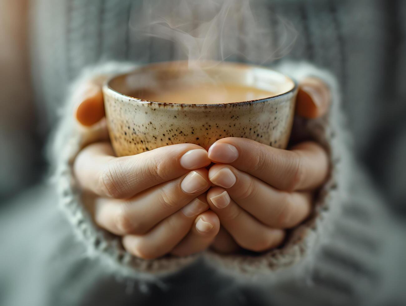 AI generated Close-up of woman's hand holding a cup of hot coffee with smoke at home. Woman filling mug with hot fresh coffee in a morning. Close up shot photo