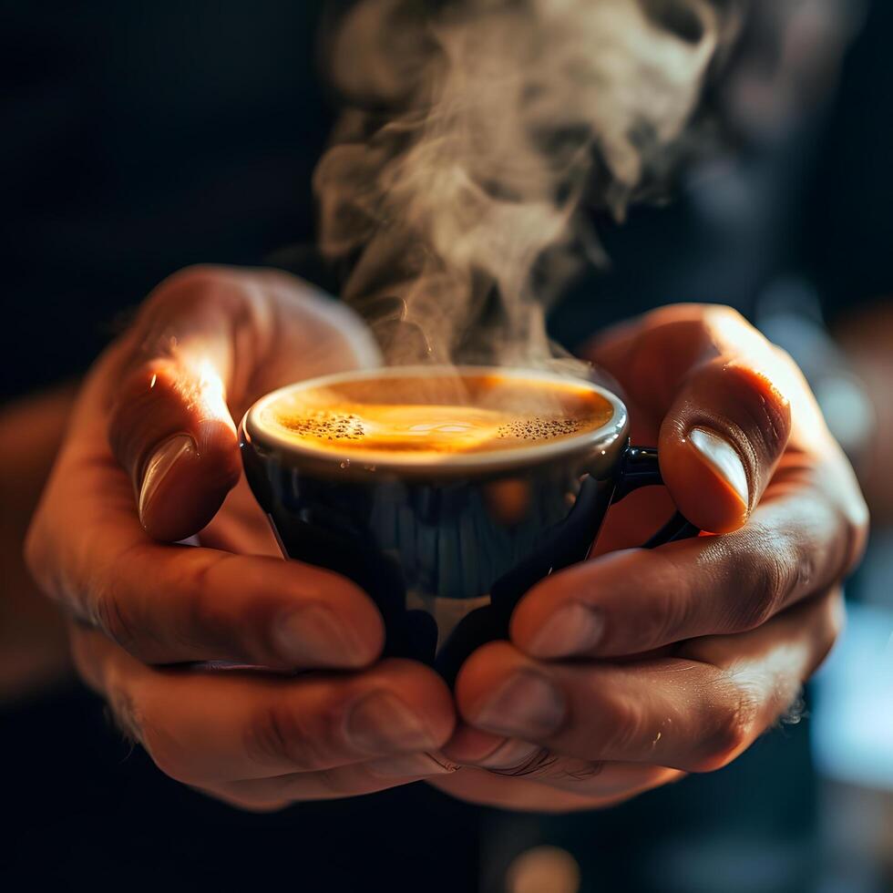 AI generated Close-up of man's hand holding a cup of hot coffee with smoke at home. Man filling mug with hot fresh coffee in a morning. Close up shot photo