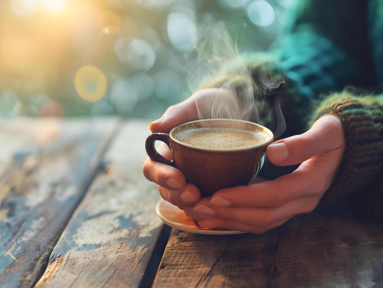 AI generated Young woman takes a break drinking hot coffee with smoke after studying or working on a wooden table. Selective focus on cup photo