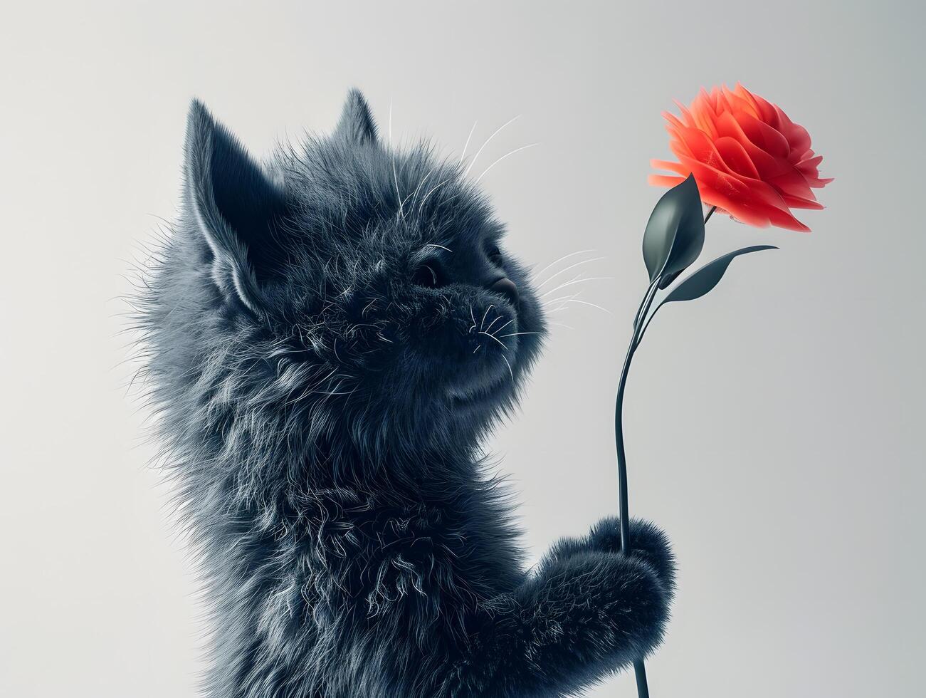 AI generated A fluffy black kitten with a delicate red flower, a beautiful portrait of a domestic pet photo