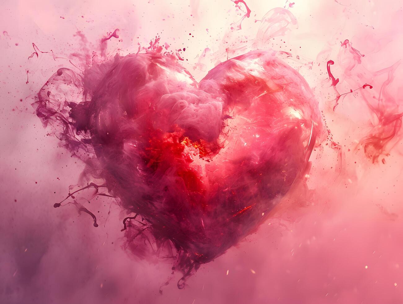 AI generated Romantic Watercolor Love Splash in Pink and Red with Grunge Texture and Ink Drops - Valentine's Day Card Design photo