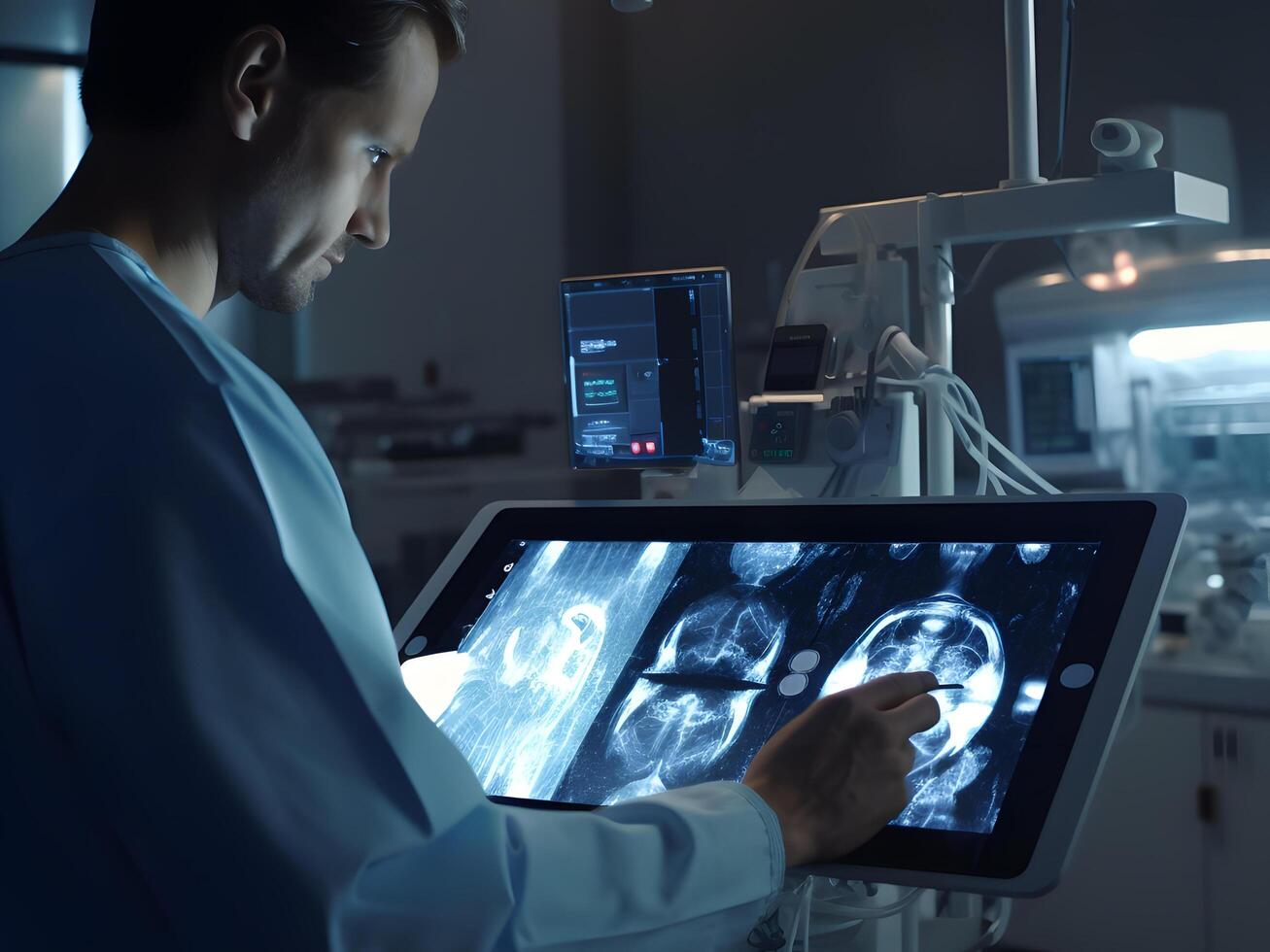 AI generated Modern Medical Laboratory Scientist working using digital tablet, Analyze to develop innovative technology for diagnosis, care, and patient health. Medical technology photo