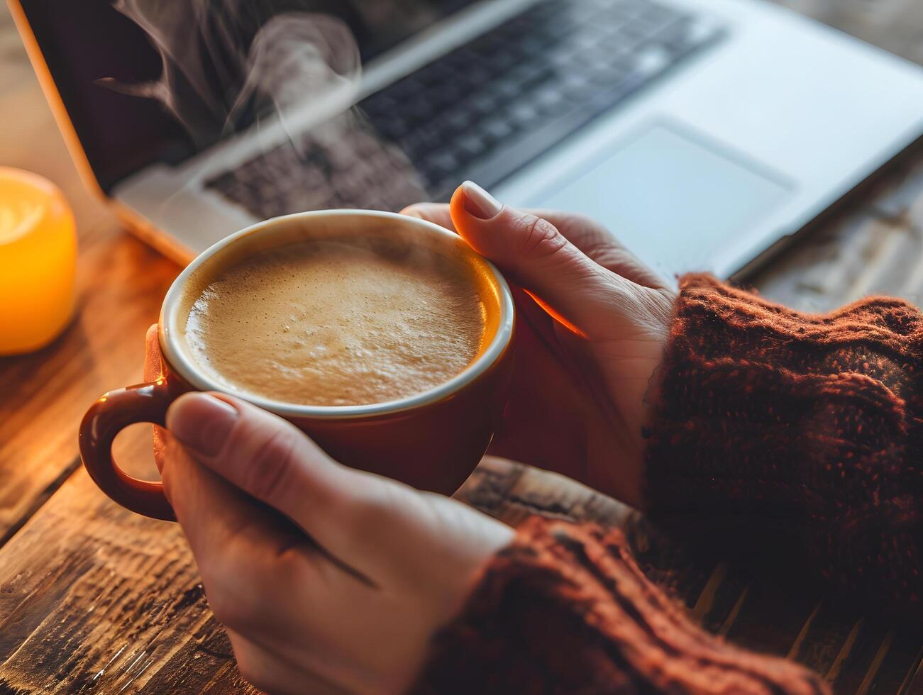 AI generated Young woman takes a break drinking hot coffee with smoke after reading or studying on a wooden table. Selective focus on cup photo