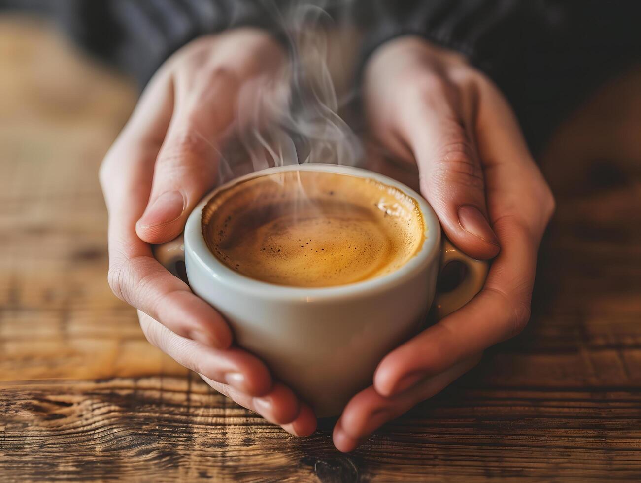 AI generated Young woman takes a break drinking hot coffee with smoke after reading or studying on a wooden table. Selective focus on cup photo