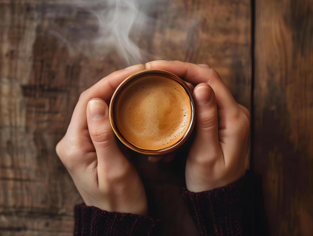 AI generated Close-up of Woman's hand holding a hot coffee mug with smoke on the background of a wooden table. Woman filling mug with hot fresh coffee in a morning. Close up shot photo