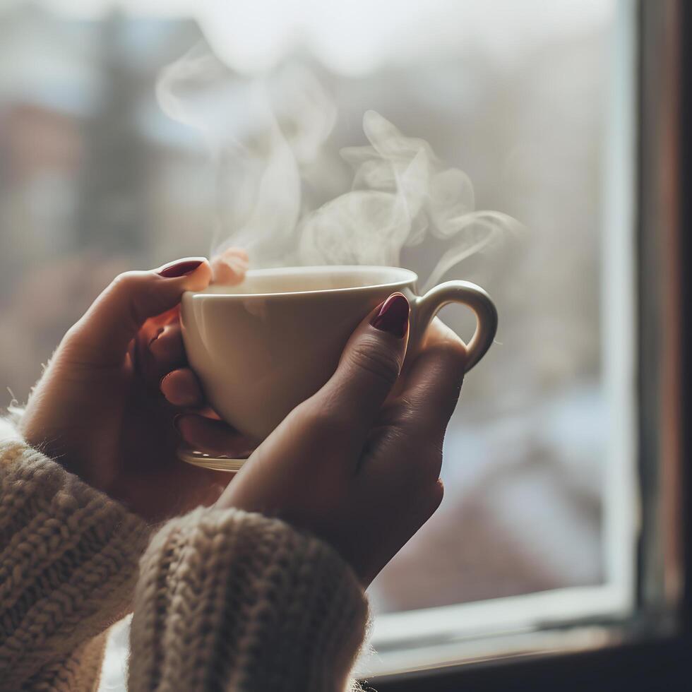 AI generated Close-up of woman's hand holding a cup of hot espresso coffee with smoke standing by the window at home. Woman filling mug with hot fresh coffee in a morning. Close up shot photo